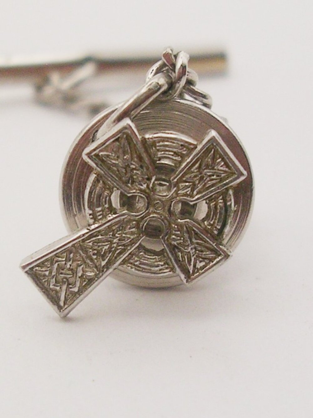 Vintage Celtic Cross Tie Tack Pin with Chain classic silver tone Man Formal Wear